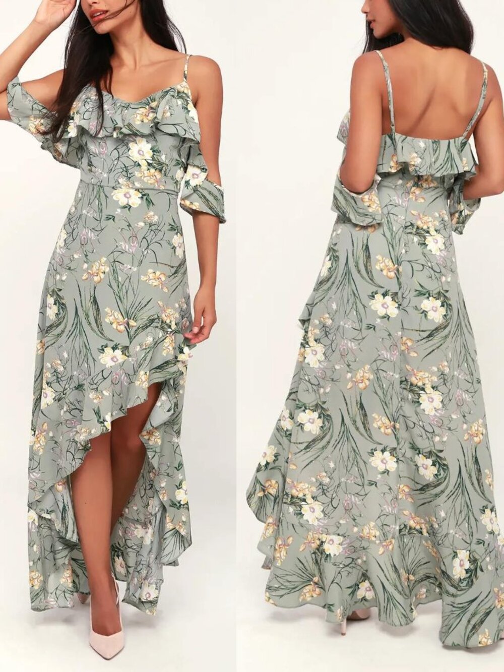 Strut & Bolt Sage Green Floral Print Off-the-Shoulder Maxi Dress hi-lo hem S
